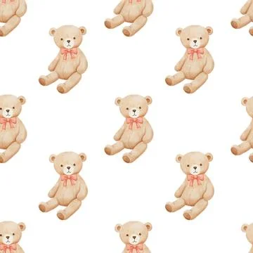 Seamless pattern with teddy bear vintage toy with pink bow, watercolor cute.. Stock Illustration