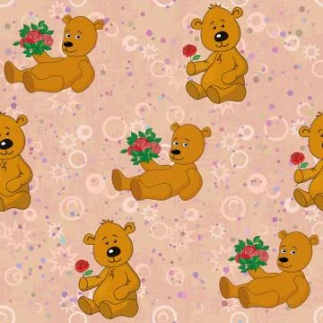 Seamless pattern, teddy bears and gifts flowers Stock Illustration