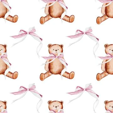 Seamless pattern with teddy bears. Watercolor ornament with cute toys hand Stock Illustration