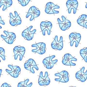 Seamless pattern with Teeth decorated with dental floss and bow, blue on a wh Ilustración de archivo