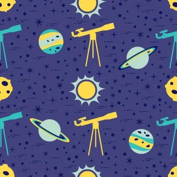Seamless pattern. Telescope, sun, planets, stars. Stock Illustration