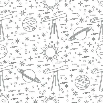 Seamless pattern. Telescope, sun, planets, stars. Stock-Illustration