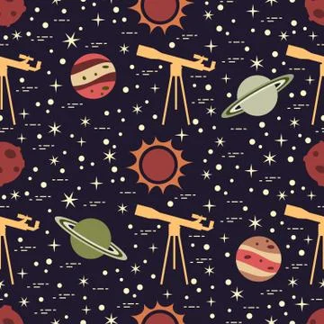 Seamless pattern. Telescope, sun, planets, stars. Stock Illustration