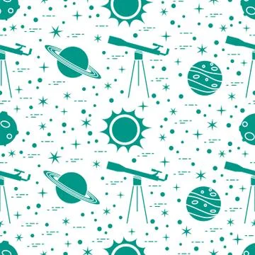 Seamless pattern. Telescope, sun, planets, stars. Illustrazione stock