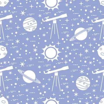 Seamless pattern. Telescope, sun, planets, stars. Stock Illustration