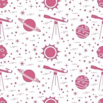 Seamless pattern. Telescope, sun, planets, stars. Stock Illustration