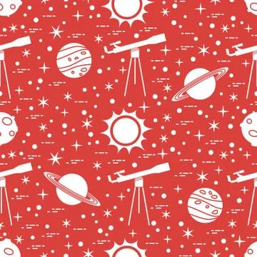 Seamless pattern. Telescope, sun, planets, stars. Stock Illustration