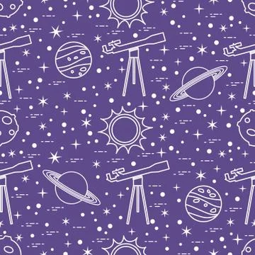 Seamless pattern. Telescope, sun, planets, stars. Stock Illustration