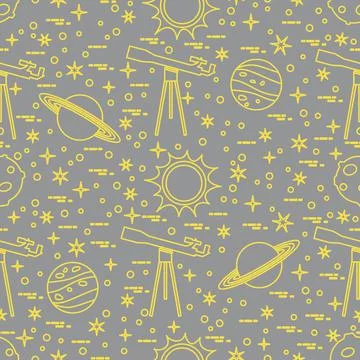 Seamless pattern. Telescope, sun, planets, stars. Stock Illustration