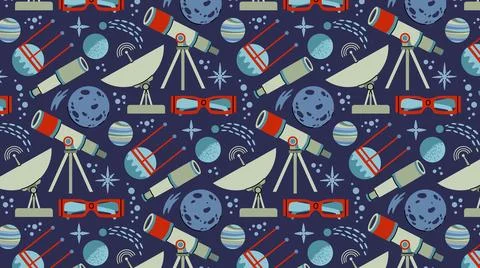 Seamless pattern with telescopes, observatory dishes, planets, moons, stars. 스톡 일러스트