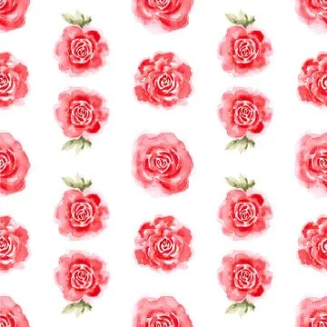 Seamless pattern of tender roses with green leaves, hand painted watercolor Stock Illustration