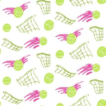 Seamless pattern tennis net and balls wax crayon. Dynamic padel tennis ball.. Stock Illustration