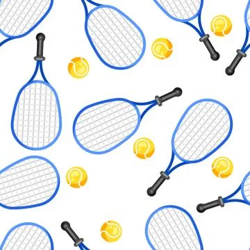Seamless pattern with tennis rackets and balls in flat style. Illustrazione stock