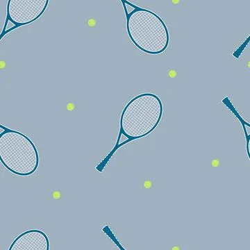 Seamless pattern with Tennis rackets and balls on blue background. Repeat vec Illustrazione stock