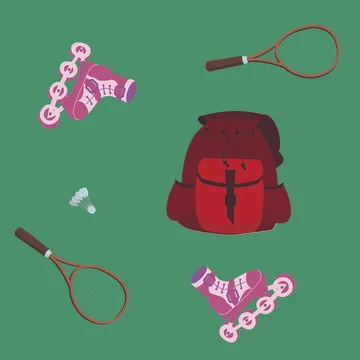 Seamless pattern with tennis rackets, shuttlecock, roller skates and backpack. Stock Illustration