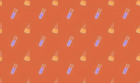 Seamless pattern of test tubes with colorful liquids on orange background Illustrazione stock