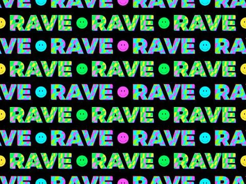 Seamless pattern with text and smile faces. Rave psychedelic, acid trip. Colo Stock Illustration