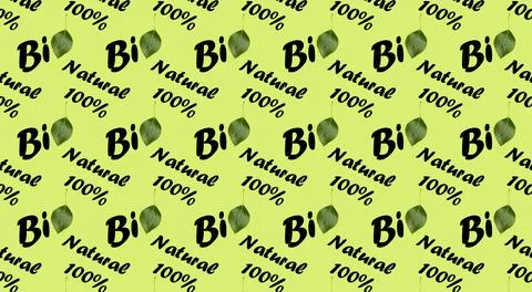 Seamless pattern with text Bio and Natural 100%, for graphic and web design. Stock Illustration