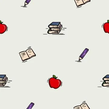 Seamless pattern with textbooks, notebook, apple Stock Illustration