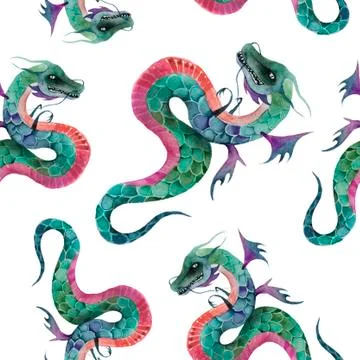 Seamless pattern for textile and decoration Watercolor green dragons Stock Illustration