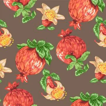Seamless pattern for textile with blooming pomegranate fruits in vector Stock Illustration