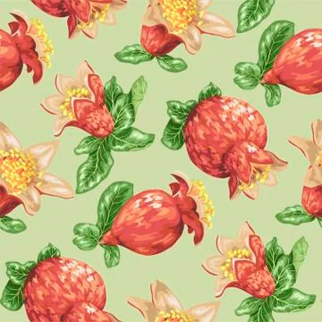 Seamless pattern for textile with blooming pomegranate fruits in vector Stock Illustration