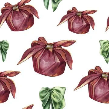 Seamless pattern with textile gift box and green bow knot on white. Watercolor Stock Illustration