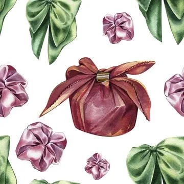 Seamless pattern with textile gift box, pink hair accessory and bow knot on Illustrazione stock