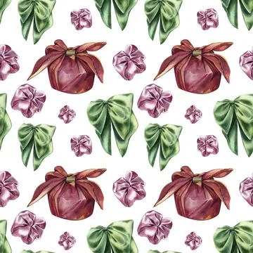 Seamless pattern with textile gift box, silk bow knot, pink hair accessory on Stock Illustration