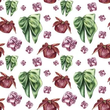 Seamless pattern with textile gift box, silk green bow knot, hair accessory on Stock Illustration