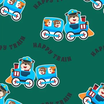 Seamless pattern texture with animals cartoon on train, Stock Illustration