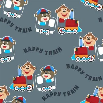 Seamless pattern texture with animals cartoon on train, Stock Illustration