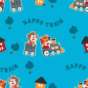 Seamless pattern texture with animals cartoon on train, Stock Illustration