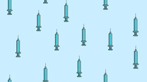 Seamless pattern texture of blue disposable sharp medical pharmacetic syringe Illustrazione stock