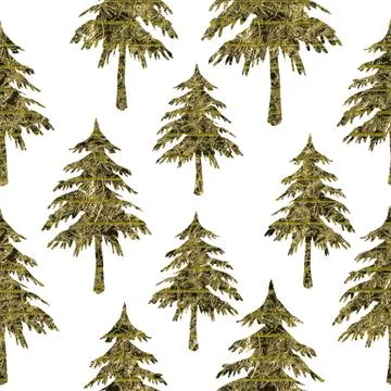 Seamless pattern texture of color yellow carved Christmas fir trees isolated on Illustrazione stock