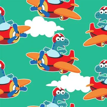 Seamless pattern texture with Cute dinosaurs flying in airplane, Stock Illustration