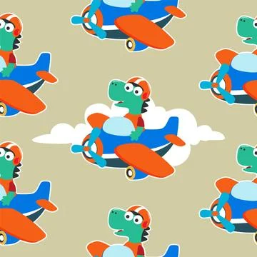 Seamless pattern texture with Cute dinosaurs flying in airplane Stock Illustration