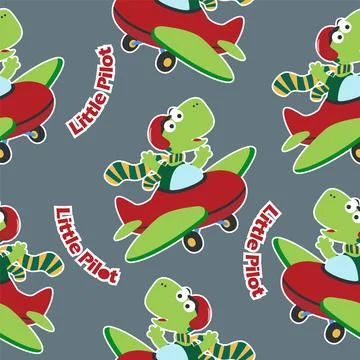 Seamless pattern texture with Cute dinosaurs flying in airplane, Stock Illustration
