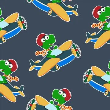 Seamless pattern texture with Cute dinosaurs flying in airplane, Stock Illustration
