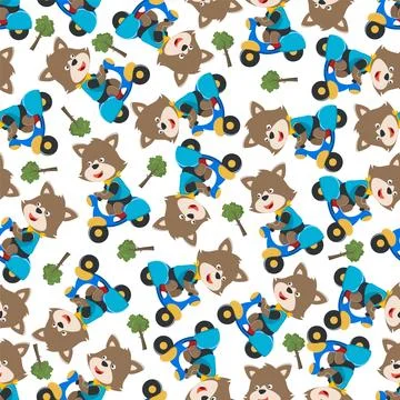 Seamless pattern texture with Cute fox Riding Scooter, Cartoon Vector Stock Illustration