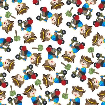 Seamless pattern texture with Cute fox Riding Scooter, Cartoon Vector Illus.. Illustrazione stock