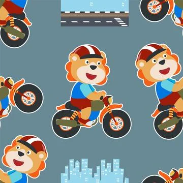 Seamless pattern texture with Cute little lion Riding motorcycle, Illustrazione stock