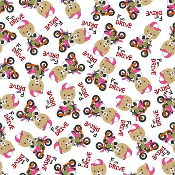 Seamless pattern texture with Cute little bear Riding motorcycle, Stock Illustration