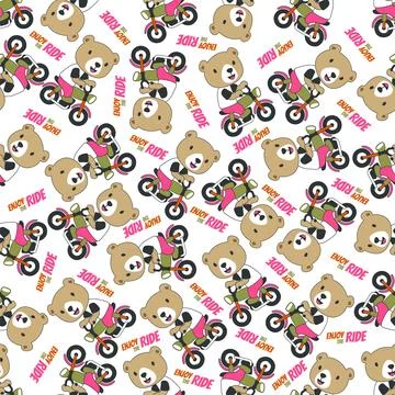 Seamless pattern texture with Cute little bear Riding motorcycle, Illustrazione stock