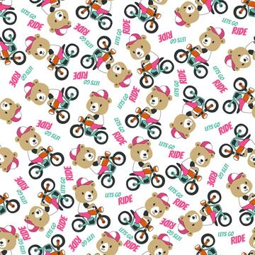 Seamless pattern texture with Cute little bear Riding motorcycle, Illustrazione stock