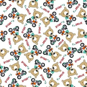 Seamless pattern texture with Cute little bear Riding motorcycle, Stock Illustration