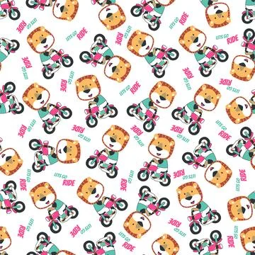 Seamless pattern texture with Cute little lion Riding motorcycle, Illustrazione stock