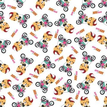 Seamless pattern texture with Cute little tiger Riding motorcycle, Illustrazione stock