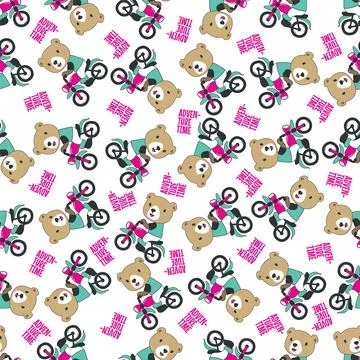 Seamless pattern texture with Cute little bear Riding motorcycle, Stock Illustration
