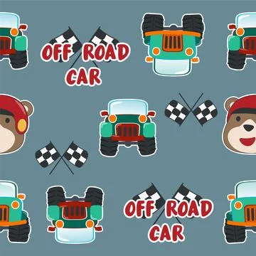 Seamless pattern texture with Cute tiger cartoon and off road car. Stock Illustration